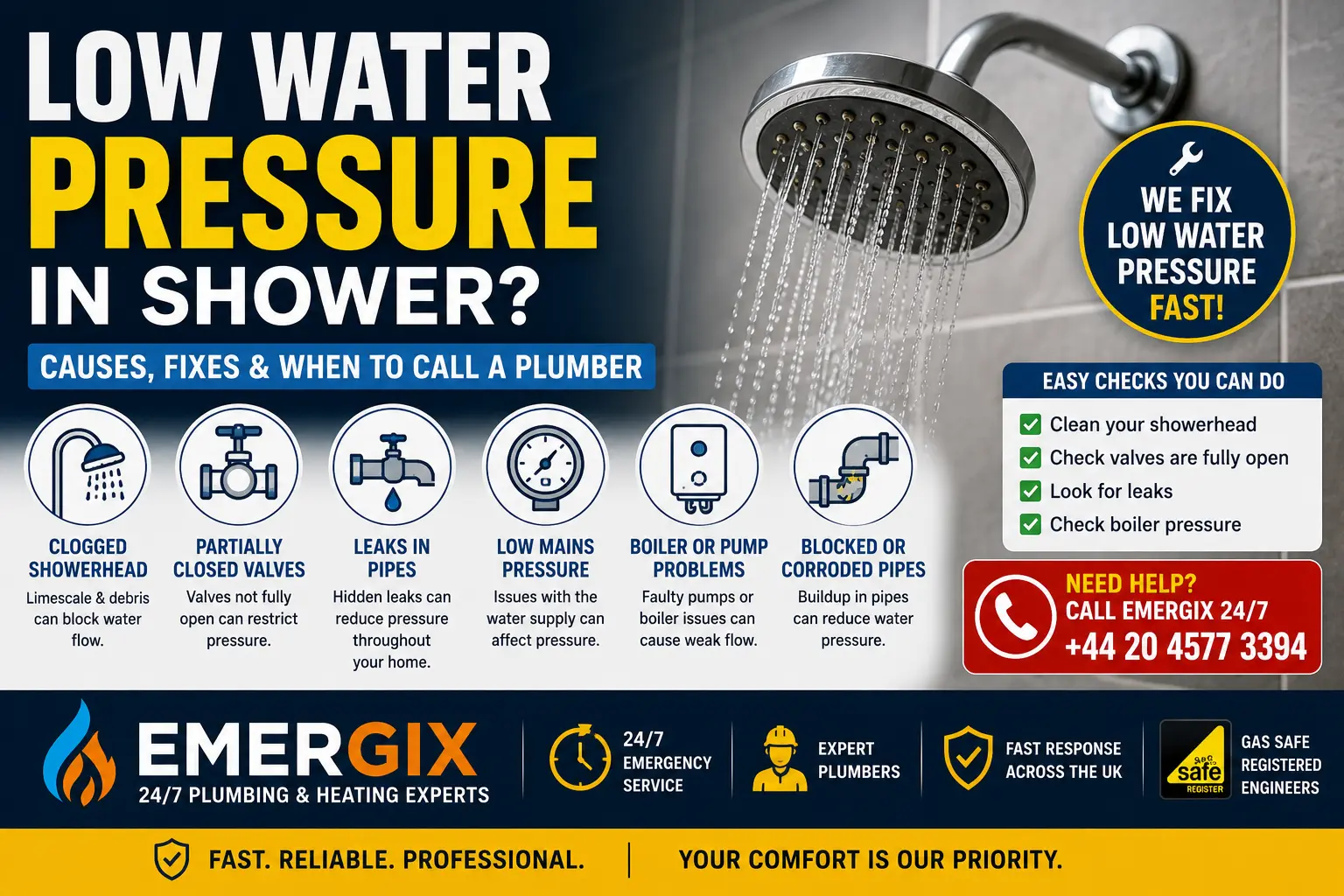 Low Water Pressure in Shower – Causes, Fixes & When to Call a Plumber